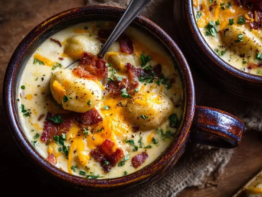 creamy bacon cheddar gnocchi soup - featured image
