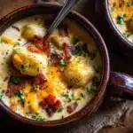 creamy bacon cheddar gnocchi soup - featured image