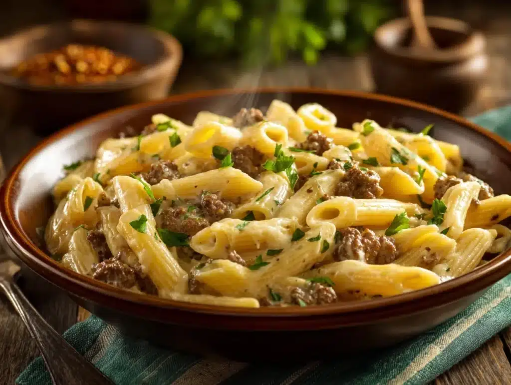 creamy beef pasta - featured image