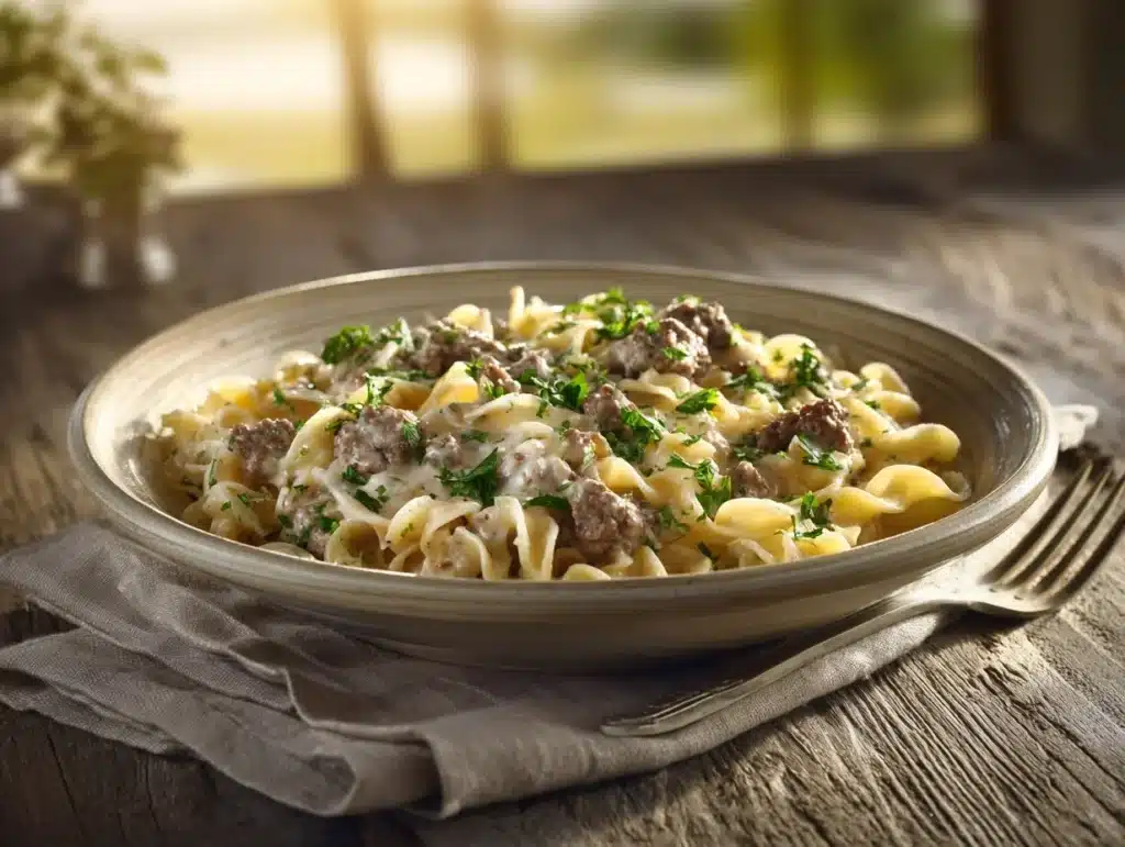 creamy ground beef stroganoff - featured image