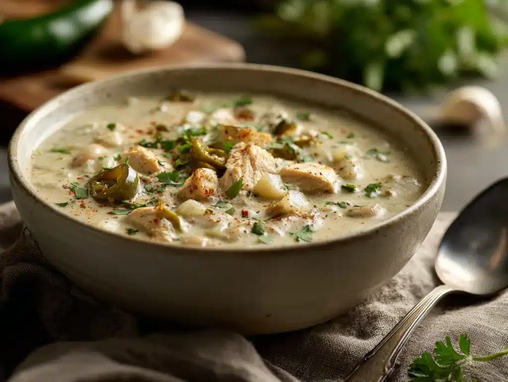 creamy poblano chicken chili - featured image