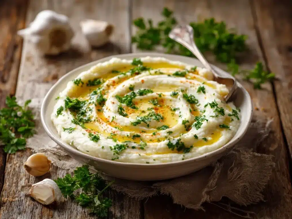 creamy roasted garlic mashed cauliflower - featured image