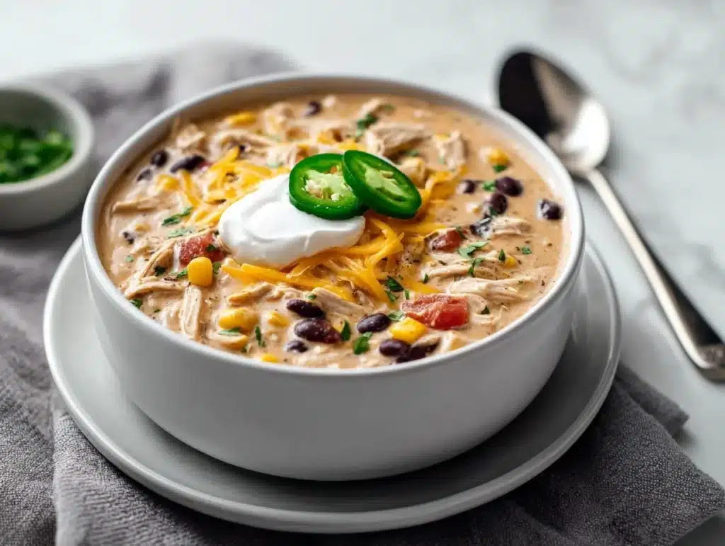 crockpot cream cheese chicken chili - featured image