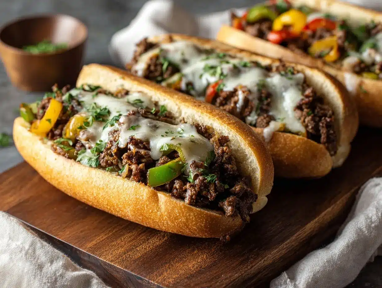 ground beef Philly cheesesteaks preparation steps