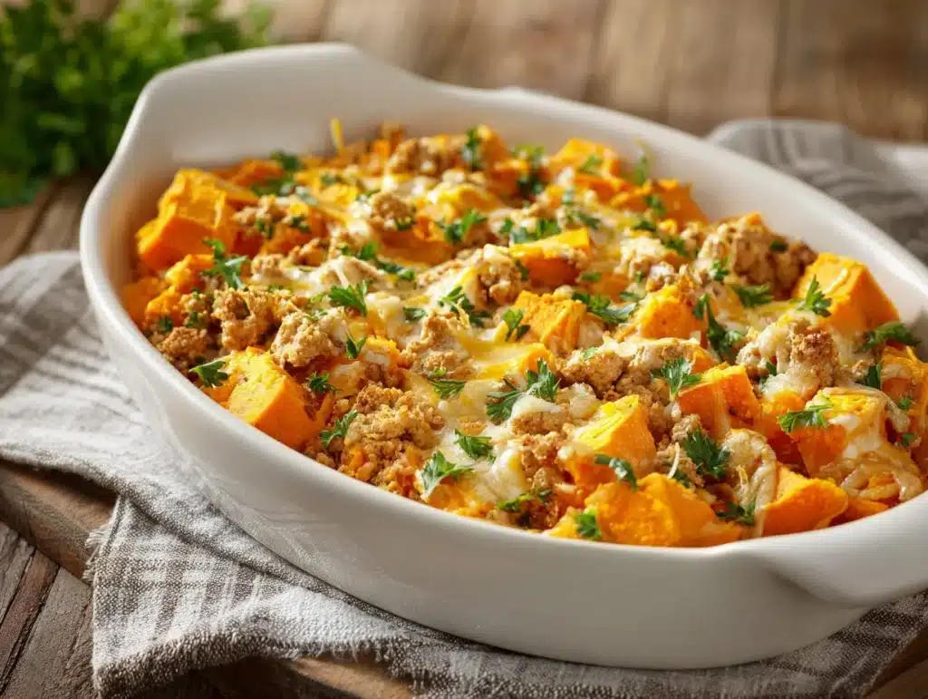 healthy ground turkey sweet potato casserole - featured image