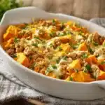healthy ground turkey sweet potato casserole - featured image