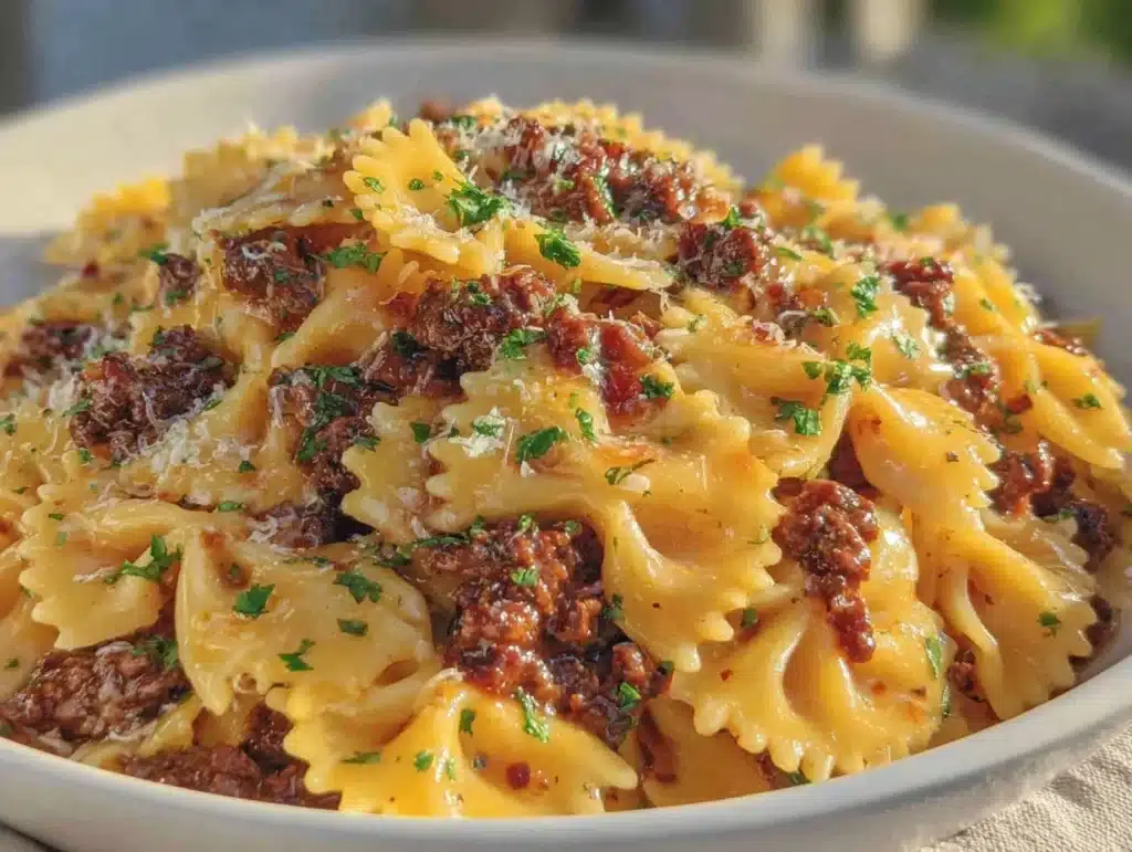 creamy cheesy beef and bowtie pasta - featured image