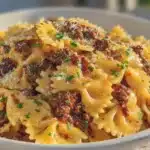 creamy cheesy beef and bowtie pasta - featured image