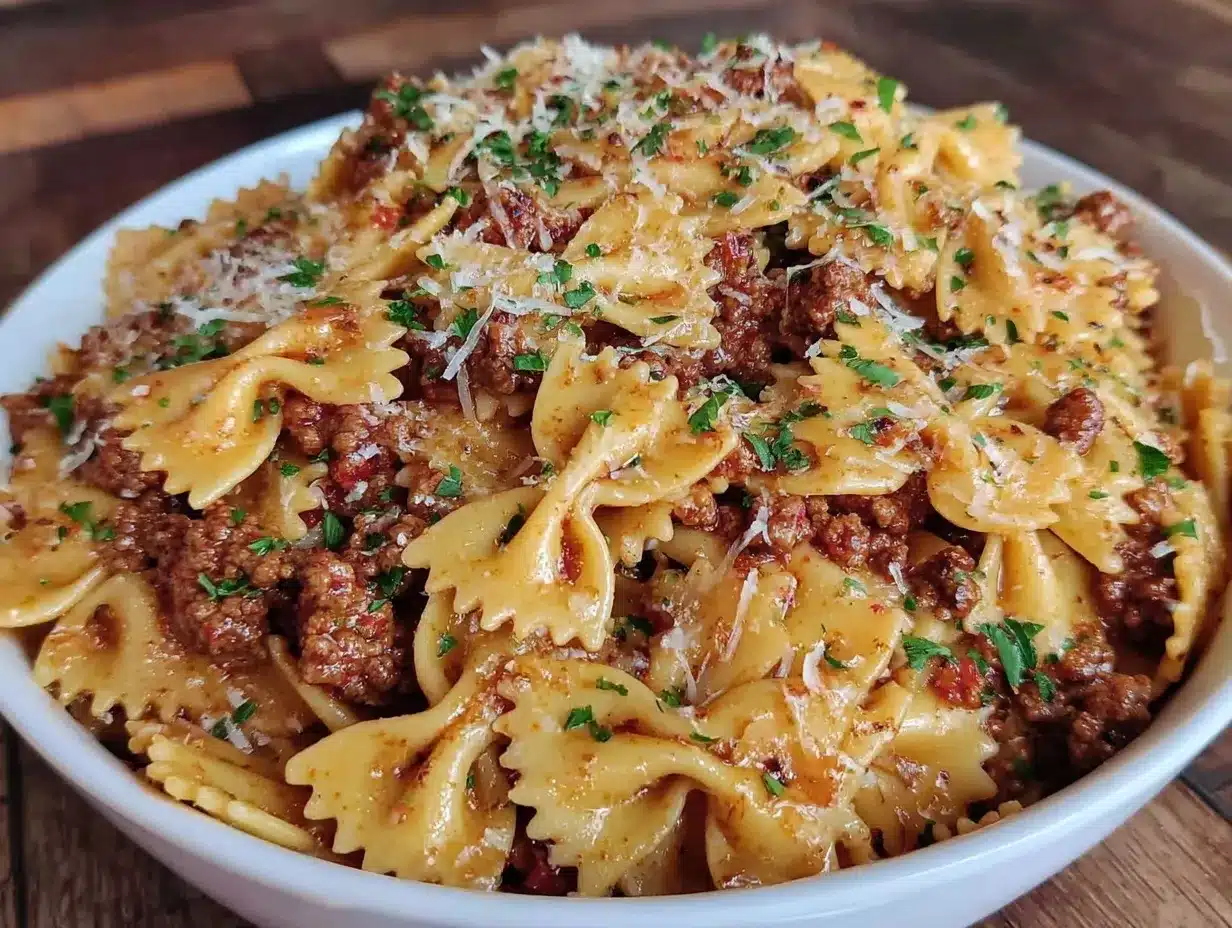 creamy cheesy beef and bowtie pasta preparation steps