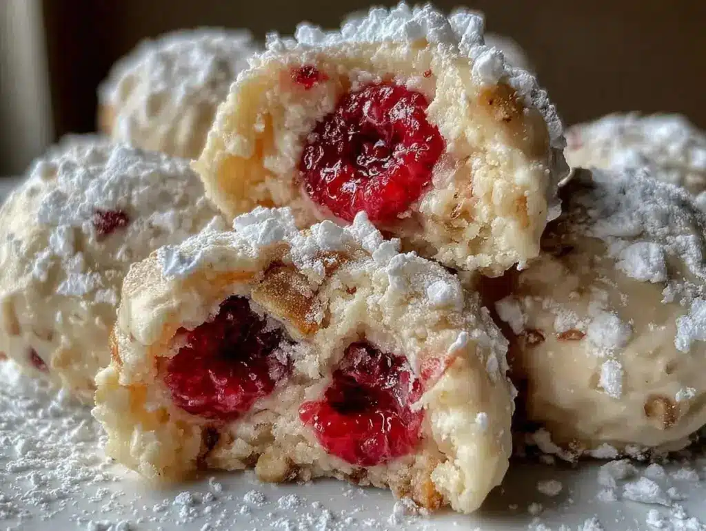 raspberry filled almond snowball cookies - featured image