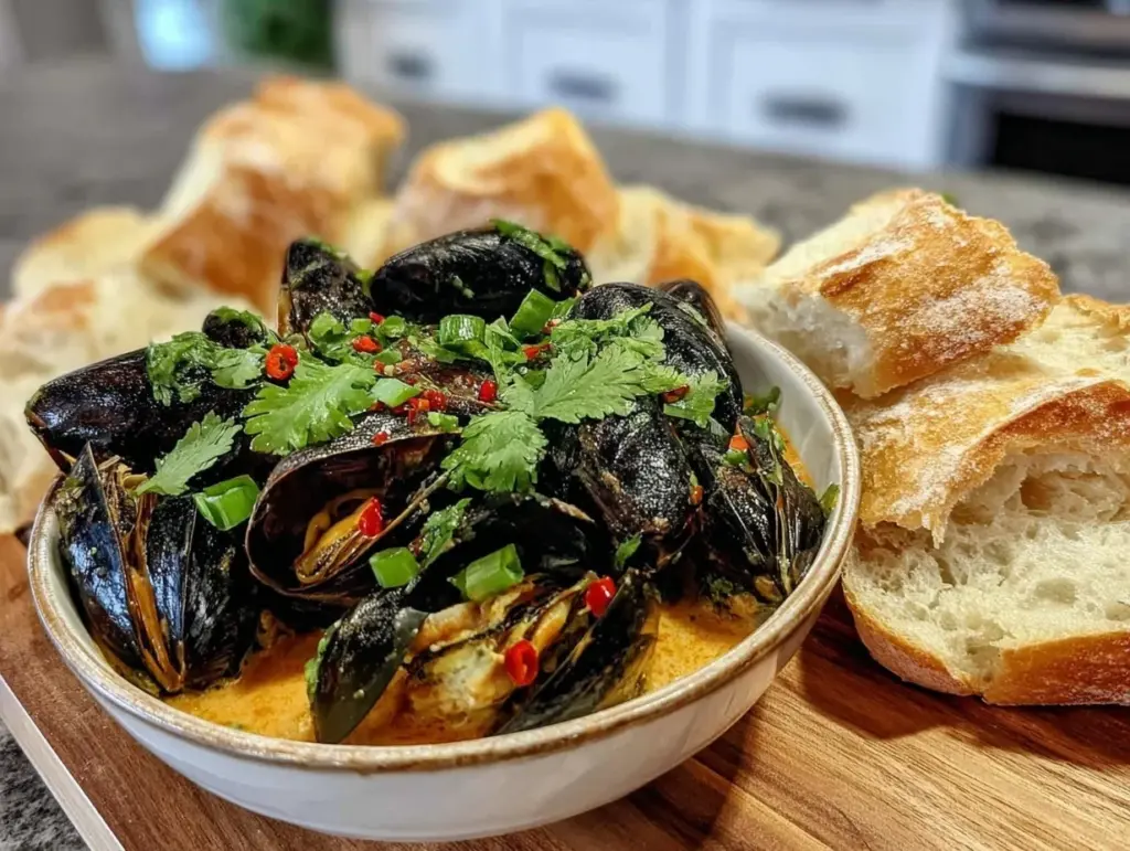 creamy coconut curry mussels - featured image