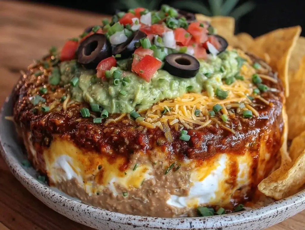 creamy seven layer dip recipe - featured image