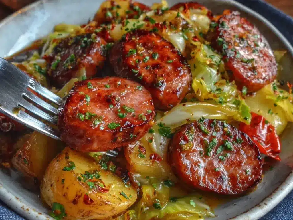 roasted kielbasa with cabbage and potatoes - featured image
