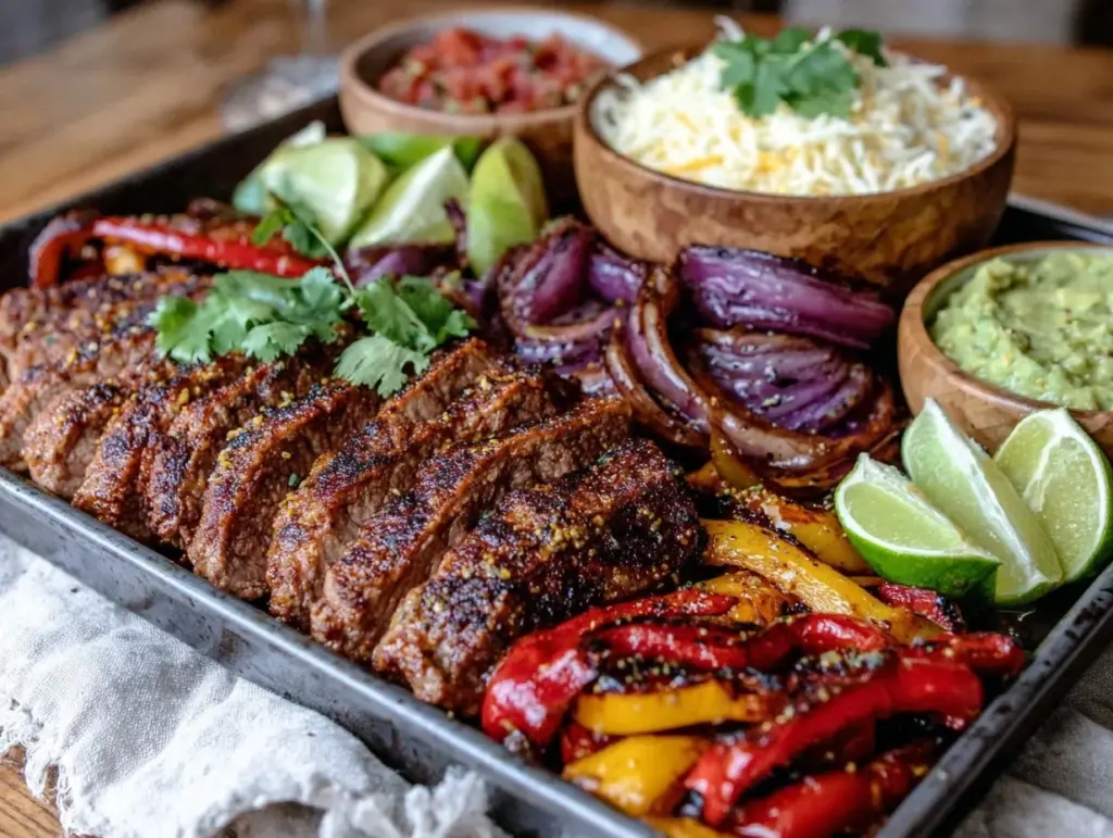 sheet pan fajitas with steak and peppers - featured image