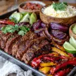 sheet pan fajitas with steak and peppers - featured image
