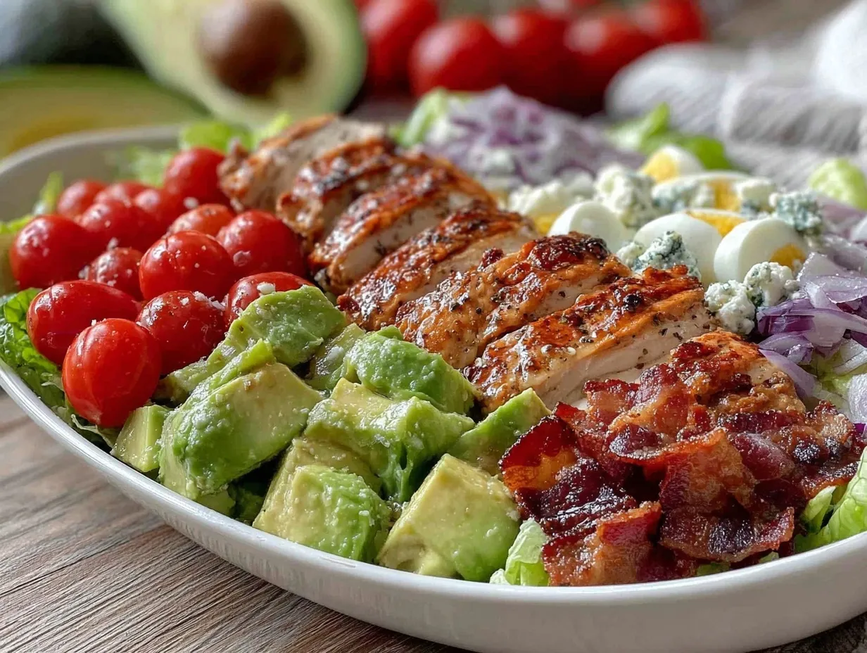 fresh Cobb salad with grilled chicken preparation steps