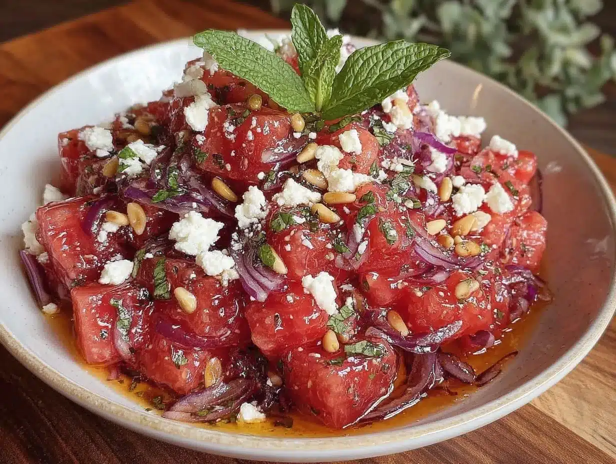 fresh watermelon feta summer salad preparation steps
