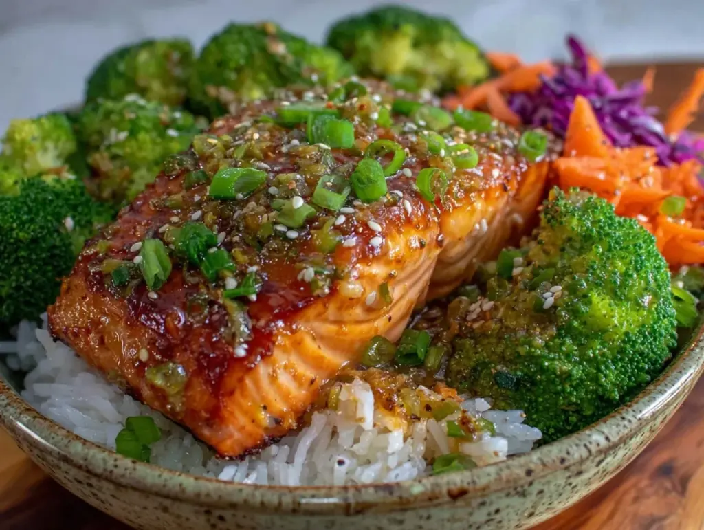asian honey garlic salmon bowl - featured image