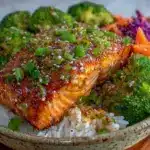 asian honey garlic salmon bowl - featured image