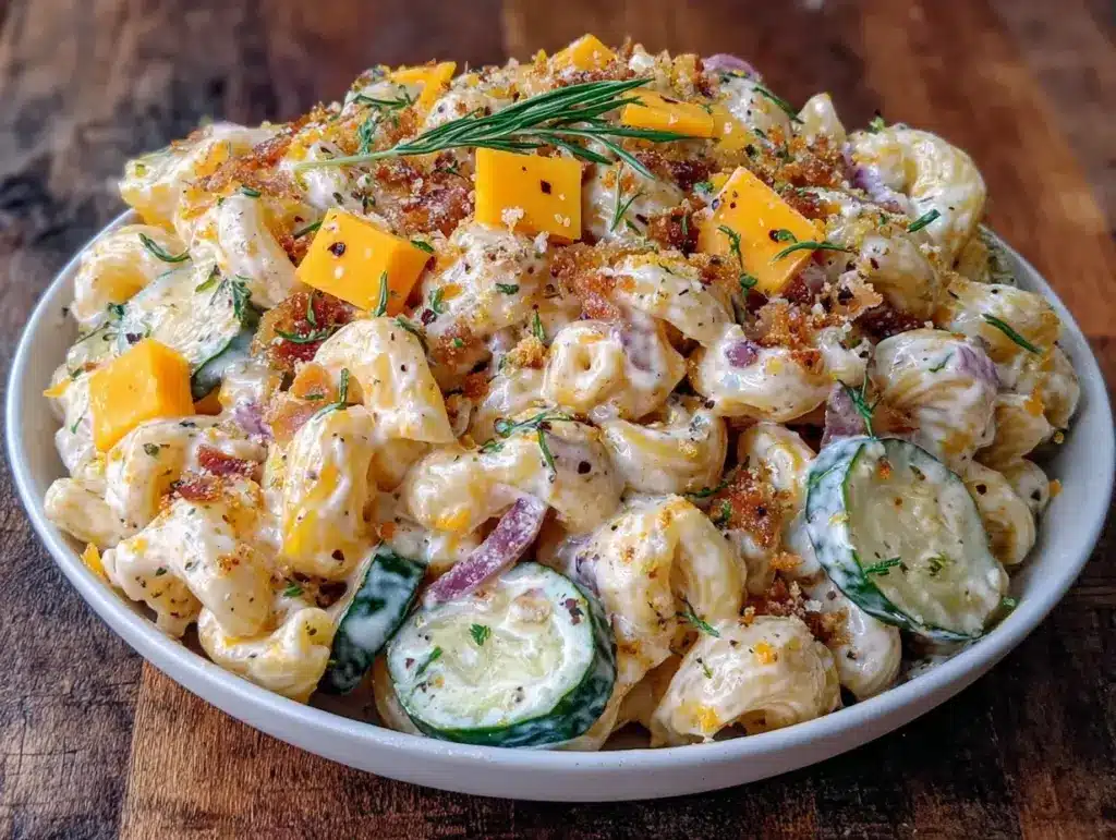 creamy dill pickle pasta salad with cheddar - featured image