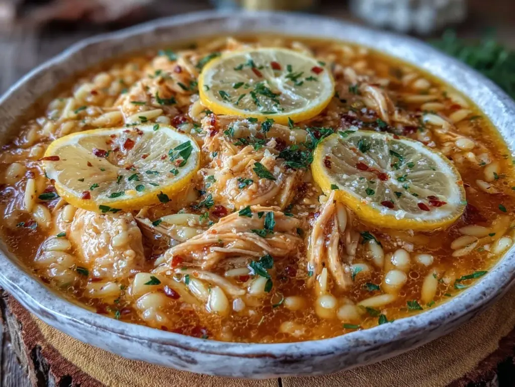 creamy greek lemon chicken soup with orzo - featured image