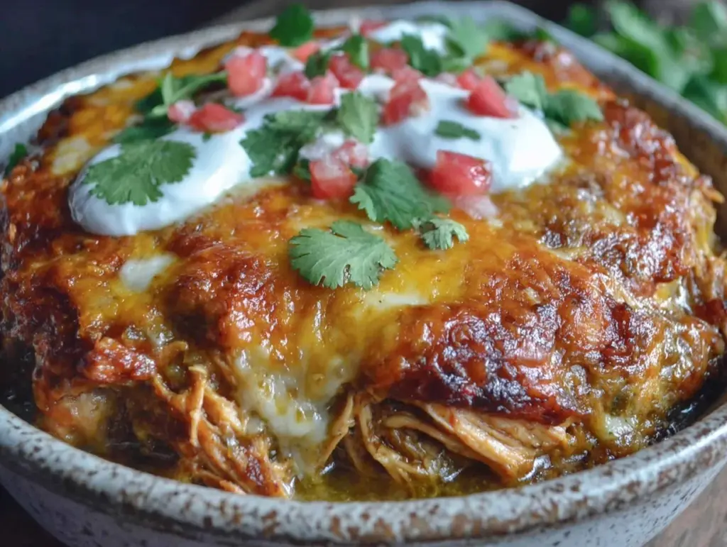 creamy green chile chicken enchilada casserole - featured image