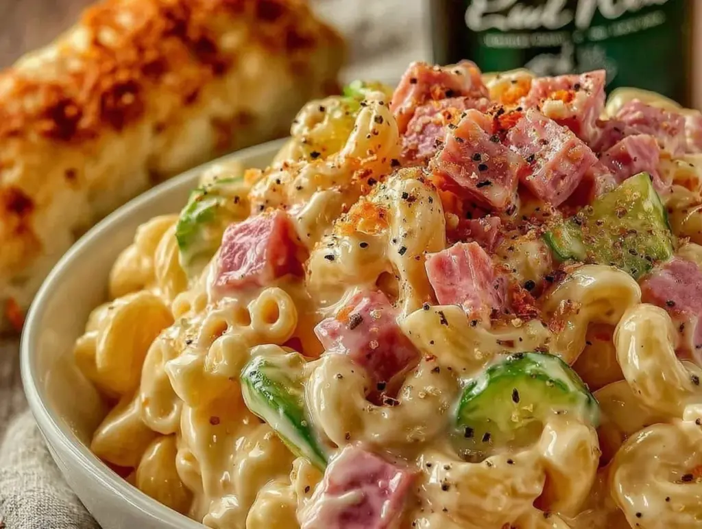 creamy macaroni salad with ham and sweet pickles - featured image
