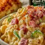 creamy macaroni salad with ham and sweet pickles - featured image