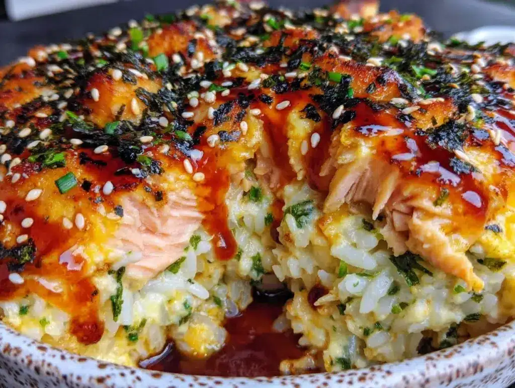 creamy salmon sushi bake - featured image