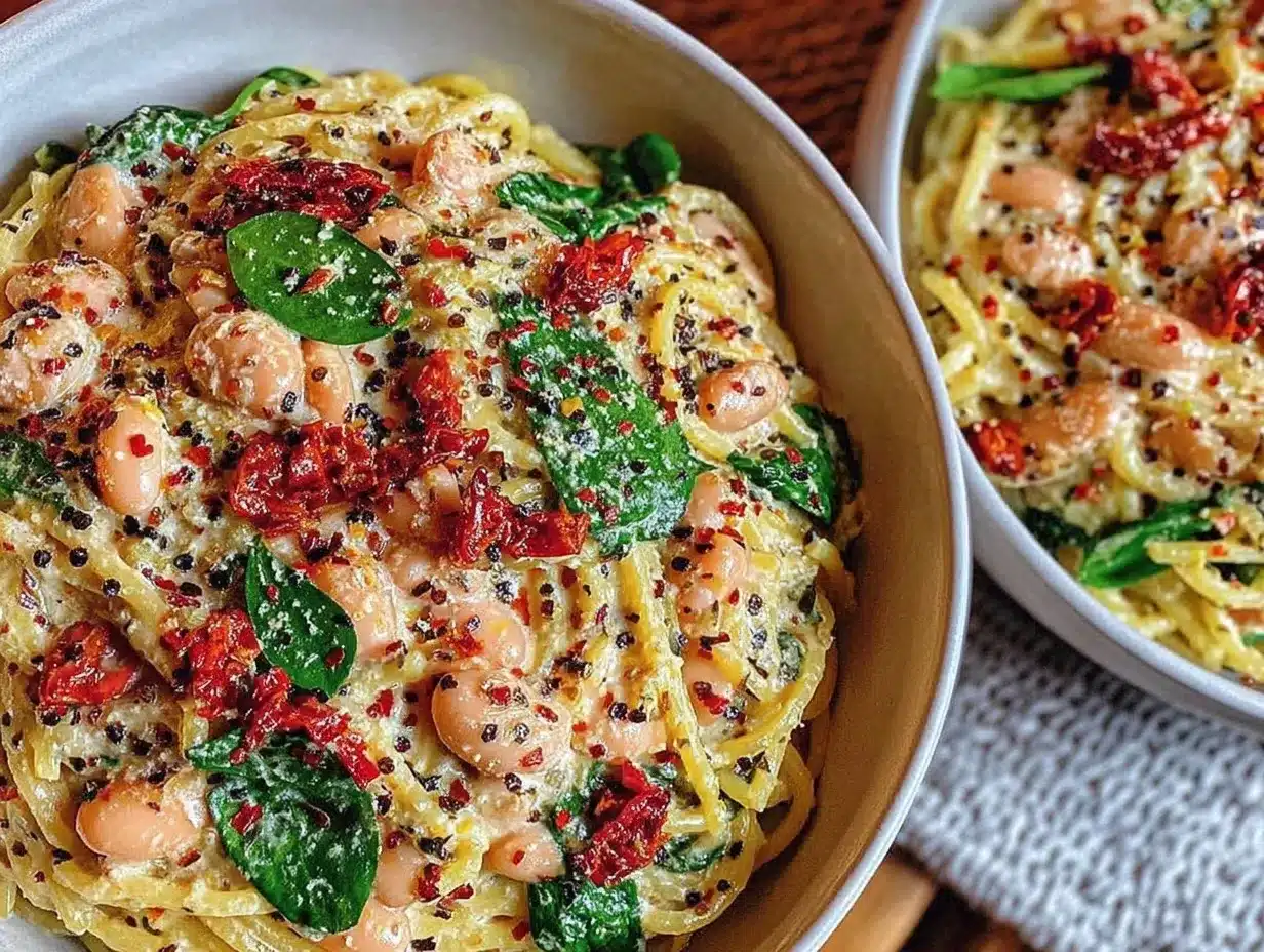 creamy vegan tuscan white bean pasta preparation steps