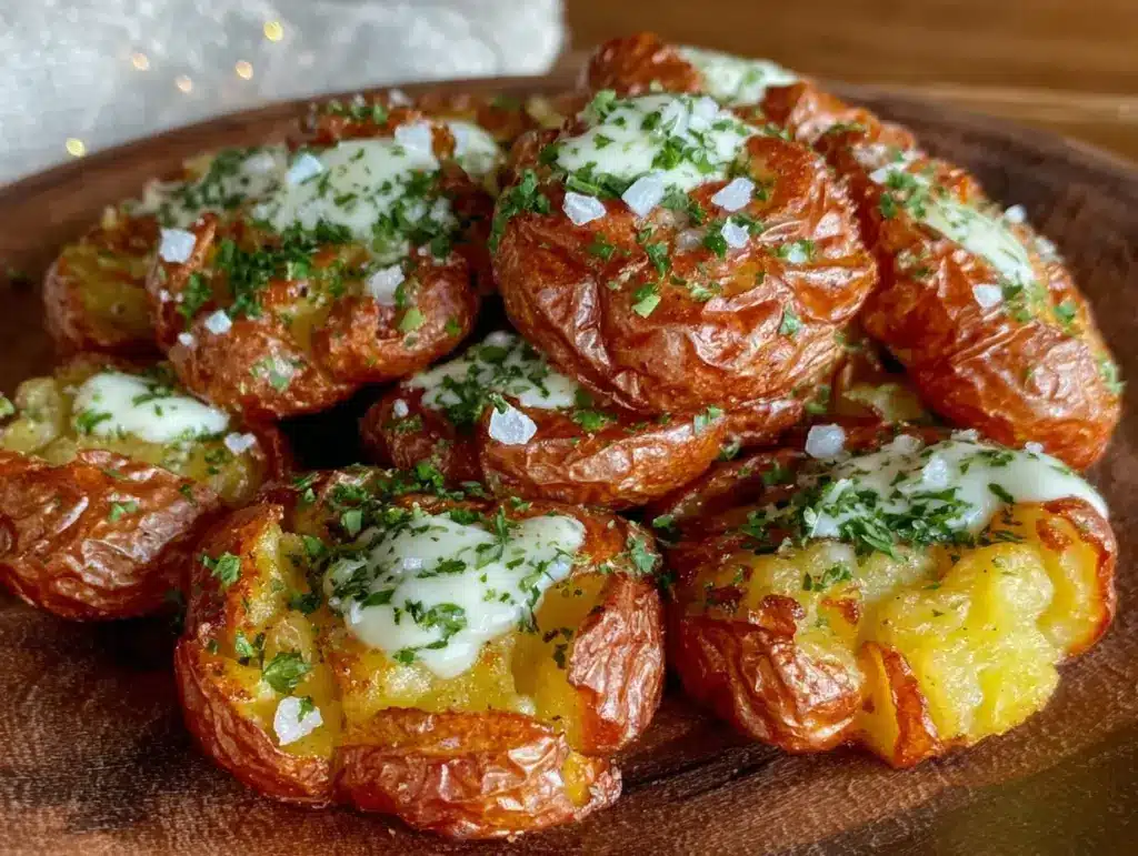 crispy garlic smashed baby potatoes - featured image