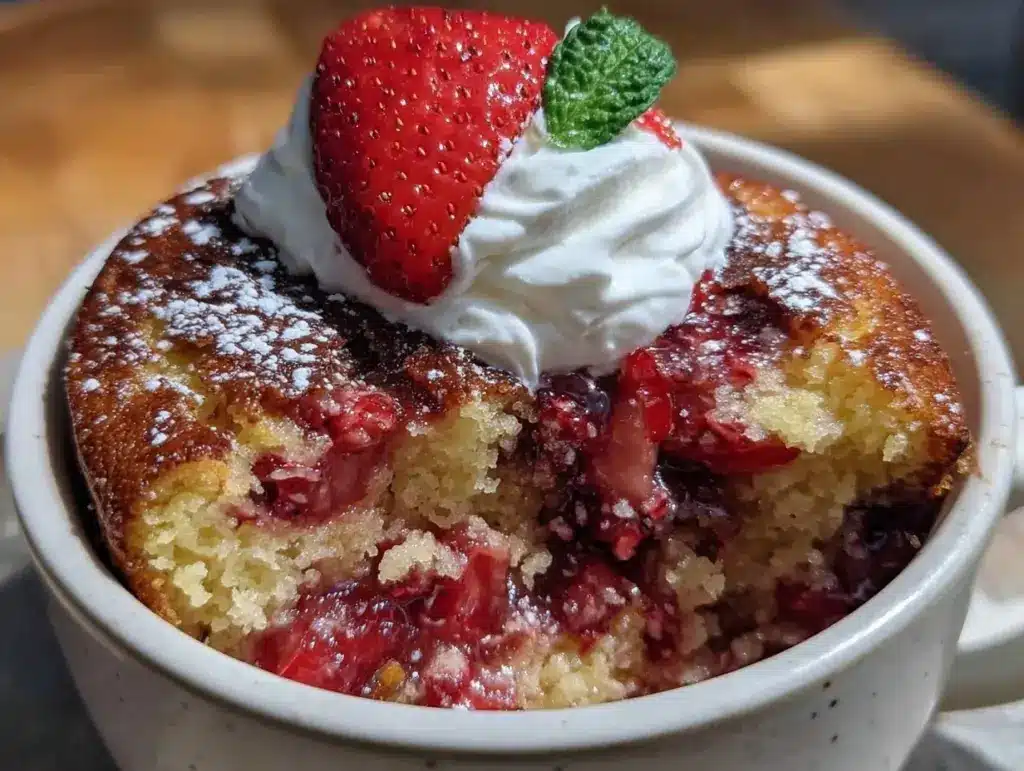 easy gooey strawberry earthquake mug cake - featured image