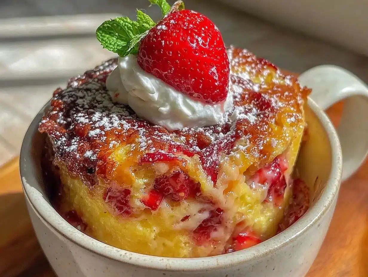 easy gooey strawberry earthquake mug cake preparation steps