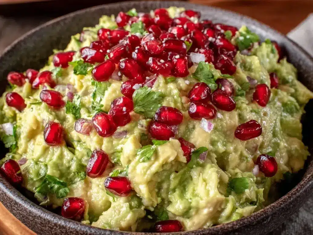 fresh loaded guacamole with pomegranate seeds - featured image