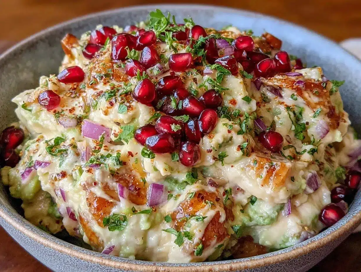 fresh loaded guacamole with pomegranate seeds preparation steps