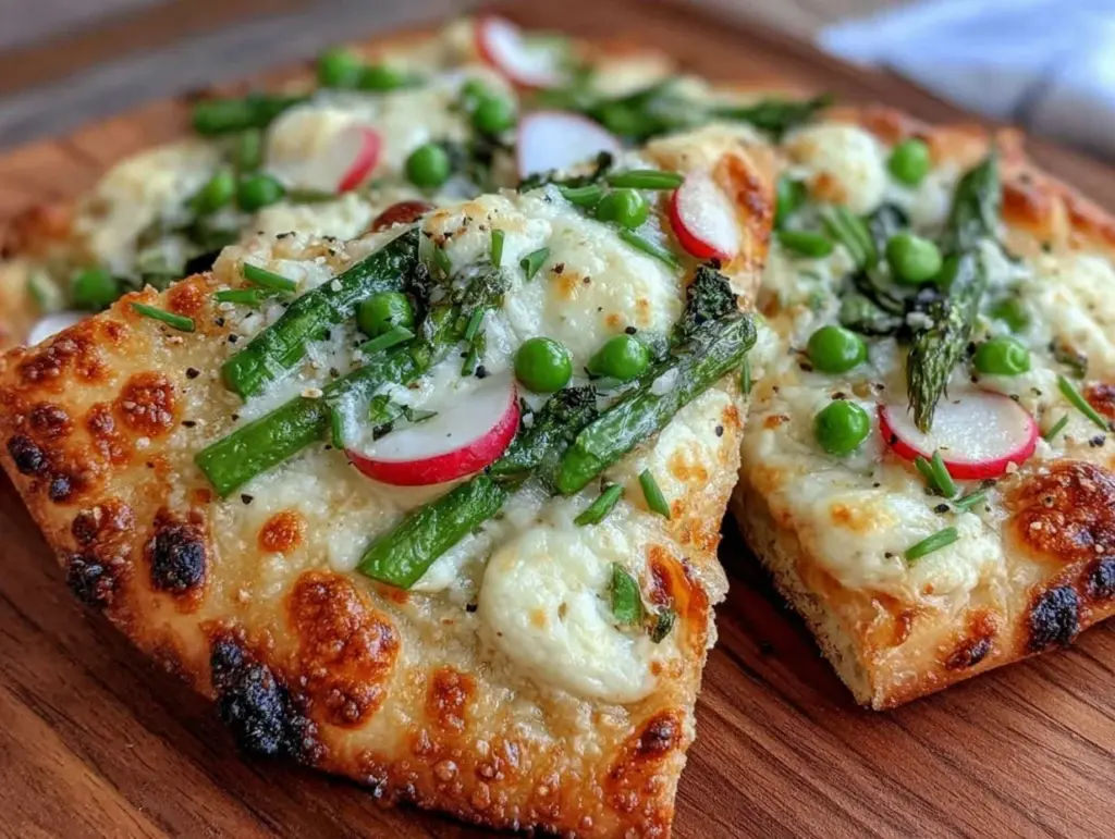 fresh loaded spring veggie flatbread pizza - featured image