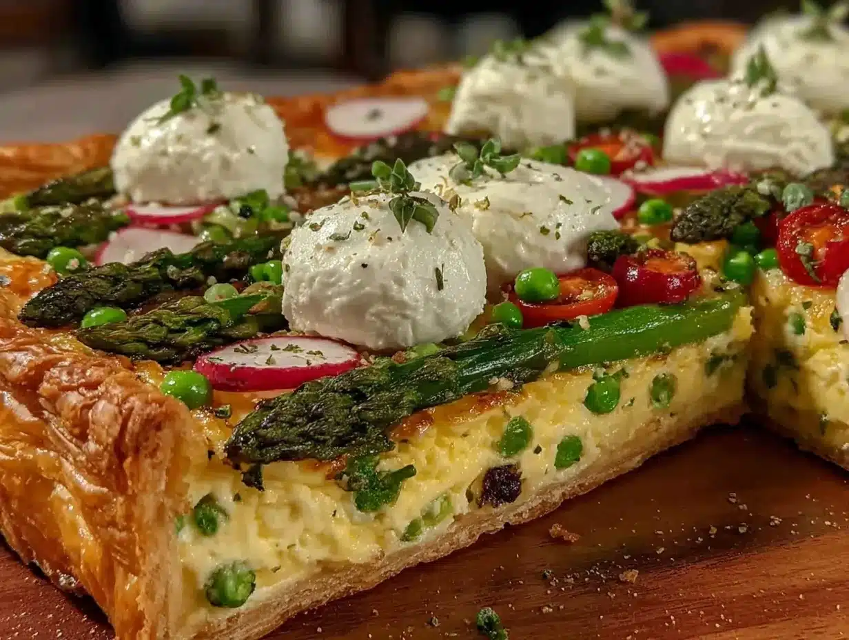 fresh spring vegetable and goat cheese tart preparation steps