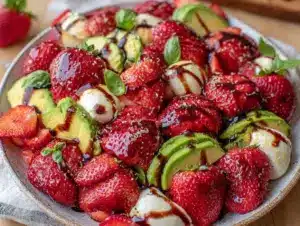 fresh strawberry avocado caprese - featured image
