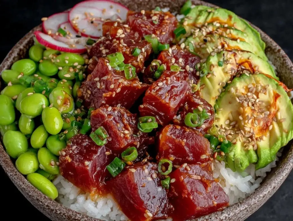 healthy high-protein tuna poke bowl - featured image