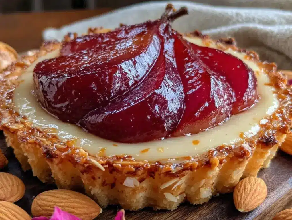 rosé poached pear tart - featured image