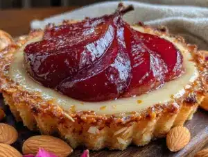 rosé poached pear tart - featured image