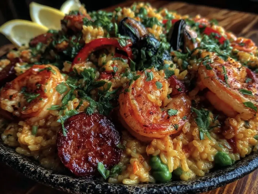 spanish seafood paella for two - featured image