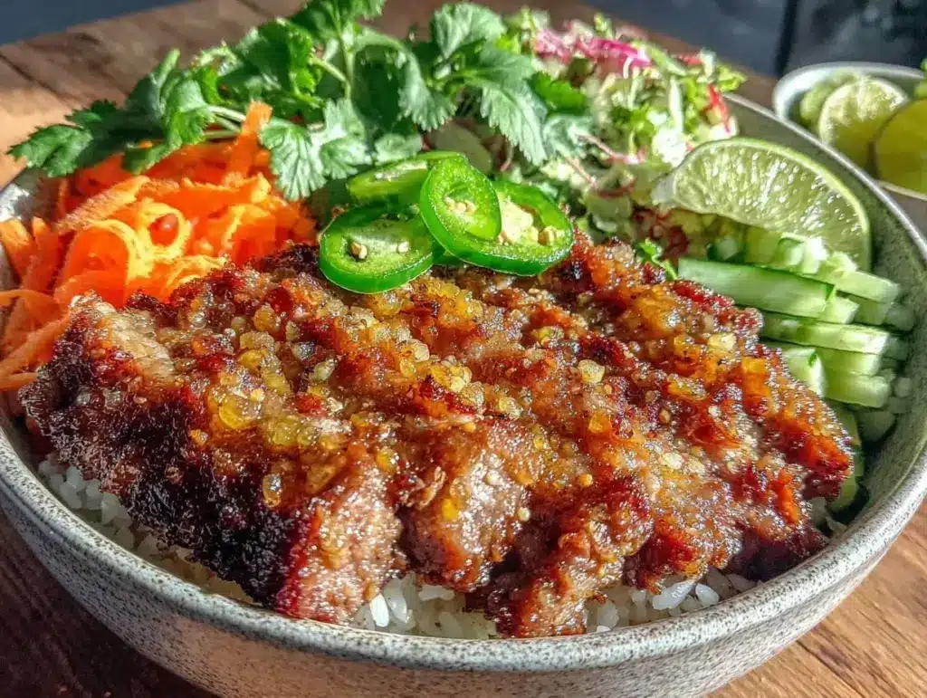 vietnamese lemongrass pork banh mi bowl - featured image