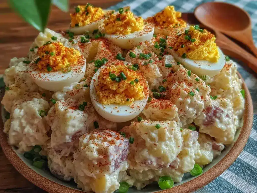 creamy classic deviled egg potato salad - featured image