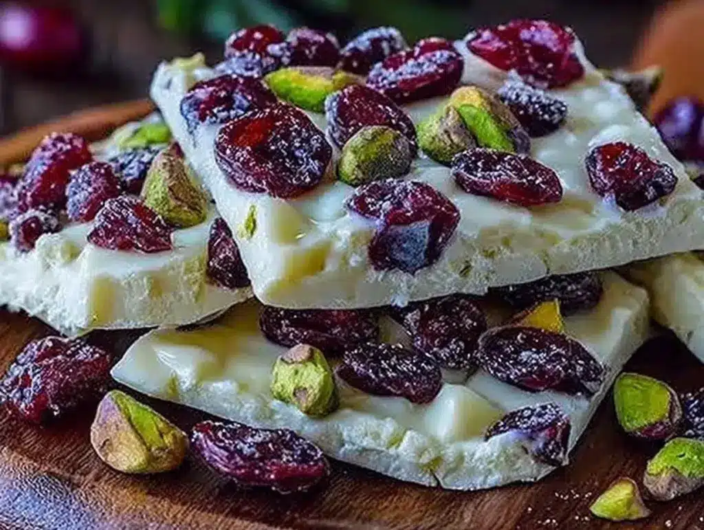 creamy white chocolate cranberry pistachio bark - featured image