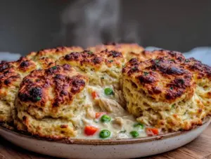 crispy biscuit-topped chicken pot pie casserole - featured image