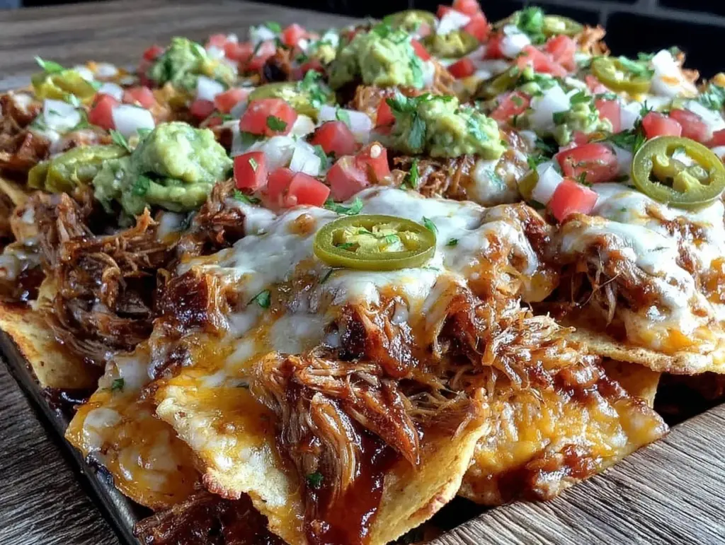 crispy sheet pan pulled pork nachos - featured image