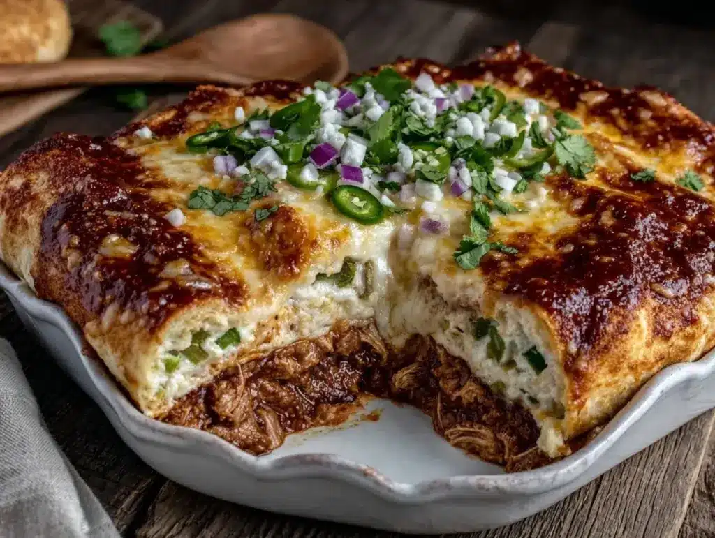 easy cheesy chicken enchilada casserole - featured image