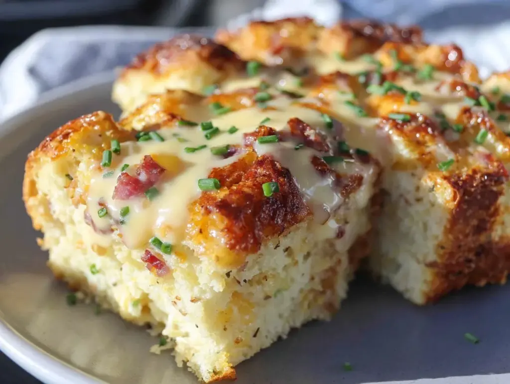 easy creamy eggs benedict casserole - featured image