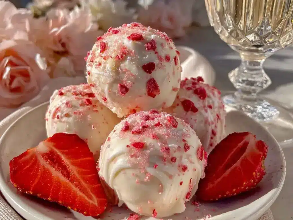 easy creamy strawberry champagne truffles - featured image